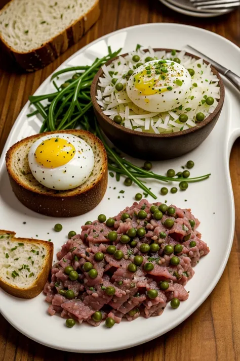 Beef Tartare: Finely chopped raw beef mixed with capers, onions, and seasoning, served with a quail egg and toasted bread.