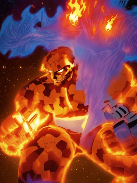 master piece, 8k detail, a close up of a drawing of a man with a fireball, colored screentone, inspired by John Romita Jr, human torch, from the thing, positing on rock super hero pose, john romita junior, full color illustration, john romita senior, by Ja...