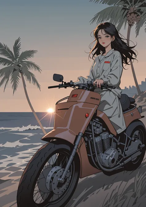 retro girl, sunrise on the horizon、sparkle of the waves, motorcycle, palm tree, 80&#39;s, city pop、(flat color, flat texture, li...