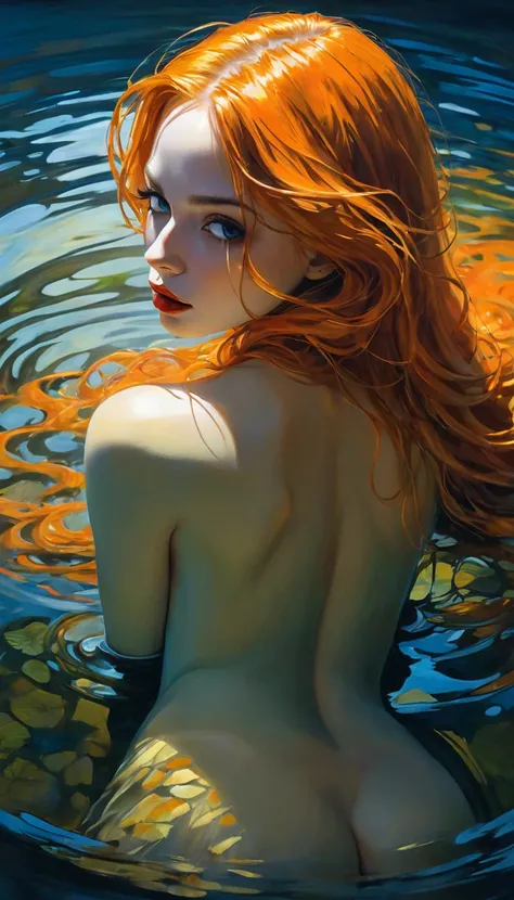 The sexy and dark art of seduction, elegant, long orange hair, medium breasts, perfect ass, in a lake in a wonderful natural environment, very sexy and erotic, (art inspired by Bill Sienkiewicz). oil painting)(best quality,4k,8k,highres,masterpiece:1.2),ul...