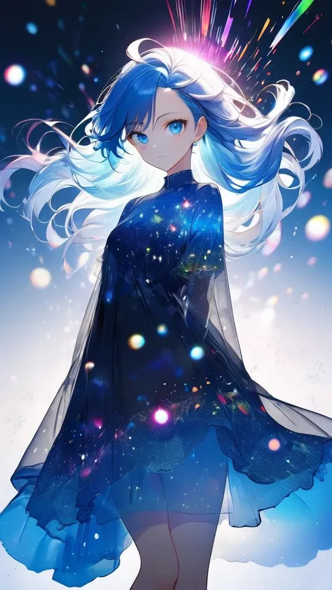 16k, (double exposure:1.05 silhouette: 1.1) (many detailed particles light) (background is exposure:1.1 many:1.4 Particles Colorful Light), wearing layered one piece dress, frontale forehead blue hair long hair lovely blue eyes girl.