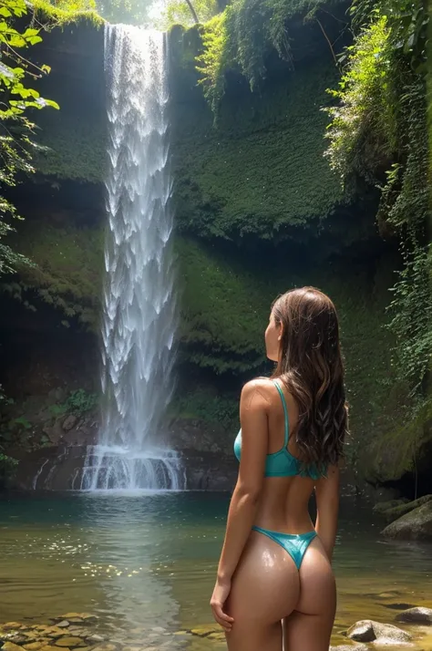 3/4 from behind view, 20 year old female, light brunette hair, standing under a waterfall, dappled light, sun sparkling in the water droplets, misty rainbow, showering under the waterfall