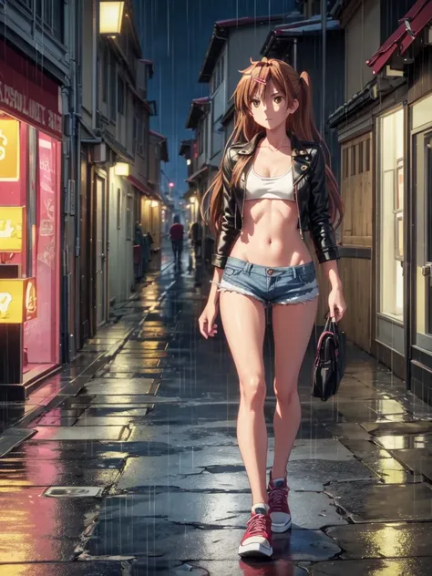 Girl, short jeans shorts, leather short jacket , You can see her breasts,  street background, openlegs, night, Narrow alley between houses, night, rain, Sneakers, Bare chest, small breast, slim body, You can see the thong, naked breast 