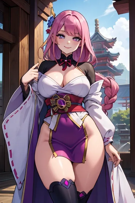 perfect face, perfect hands . A pink haired woman with violet eyes and an hourglass figure in a conversative shrine maiden outfit is smiling in a temple