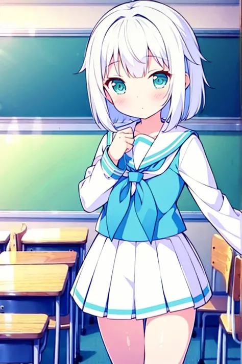 (masterpiece), classroom, 1girl, medium hair, white hair, (aqua eyes:1.2), (white sailor collar:1.2), serafuku, white skirt, pleated skirt