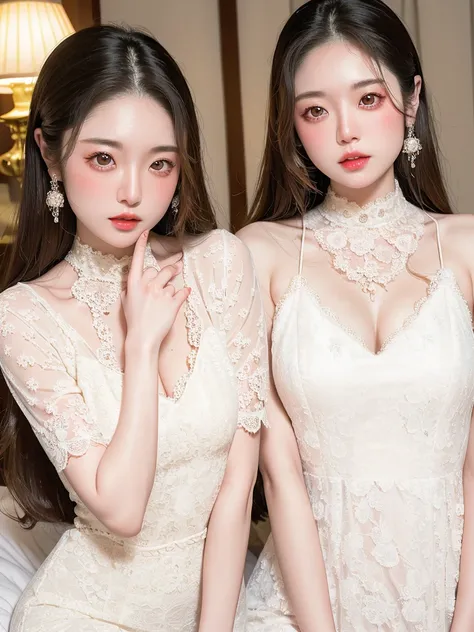 Realistic photos (one cute korean actress) Straight long hair, light makeup, Medium chest, Long dress, close, Canon EOS 8K high resolution captures facial features clearly, Sharp details, Realistically、White lace dress、Love Hotel、On a dimly lit bed、Transpa...