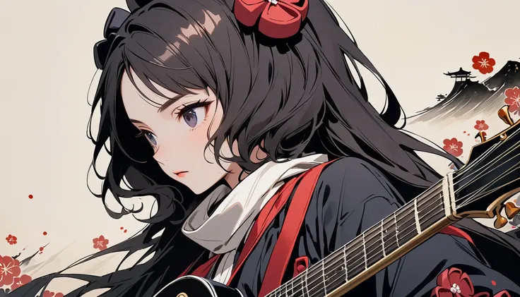 (((Highest quality))), (((Katsushika Hokusai))), (((Ink Painting))), ((very straight longhair)), ((1 girl)), ((sunglasses)), ((beautiful girl)), ((Holding a Les Paul guitar)), Japanese style headphones, Black Hair, Delicate and precise, Modern ukiyo-e styl...