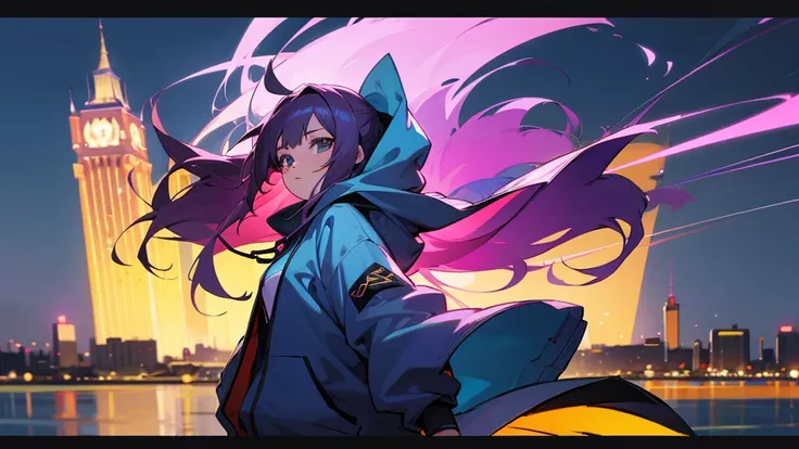 girl in the night city　Anime Style 4 k, Anime Style. 8K, Wearing a hoodie, Digital anime illustration, アニメアート壁紙 8K　4k anime wallpaper, 4K Manga Wallpapers, anime wallpaper 4k