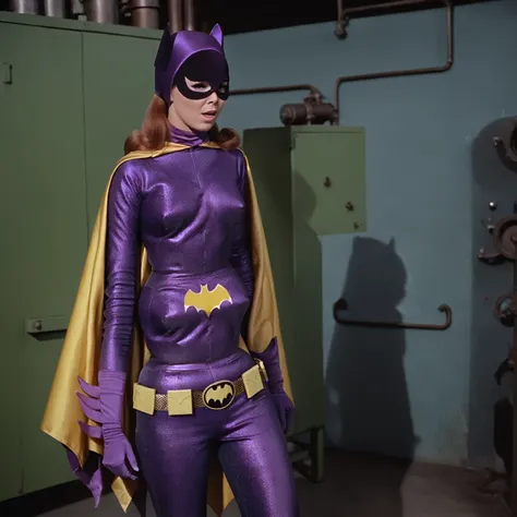 yvonne craig woman, with a pain expression. she has stomachache, she grabs her stomach and squeeze it.  in a factory, 60's style...