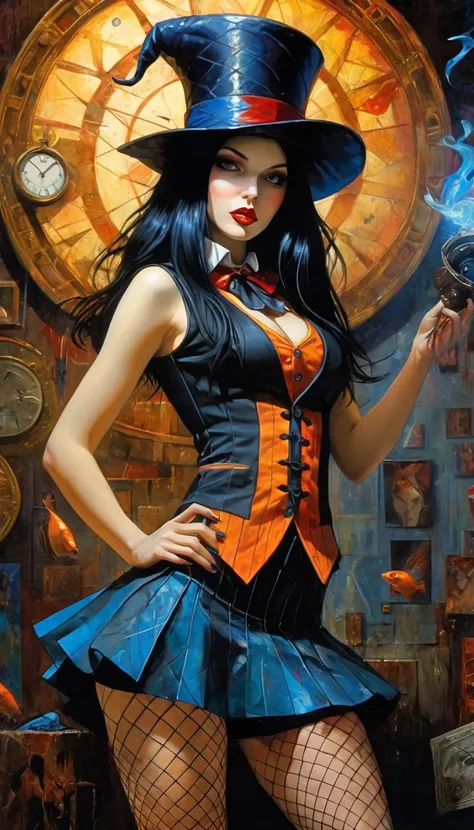 a magician girl with long black hair, wearing a magician hat, elegant and sexy outfit with a vest, miniskirt and fishnet stockings, performing magic, dark and fantastic background, inspired by the art of Bill Sienkiewicz, high quality, ultra-detailed, phot...