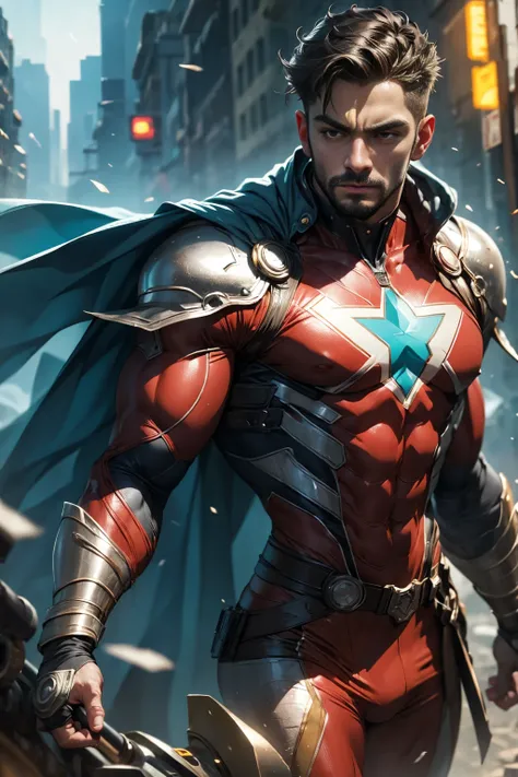 superhero, Marvel character, detailed facial features, hyper-realistic, cinematic lighting, 8K, high resolution, photorealistic, dramatic pose, heroic expression, metallic armor, flowing cape, epic action scene, dynamic composition, vibrant colors, chiaros...