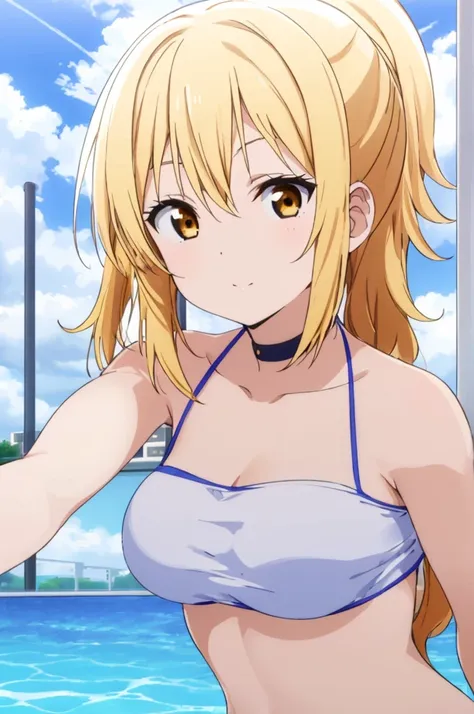 (((pixel-perfect, detail-perfect))), solo, 1girl, miyashita ai, normal face, eyes yellow, hair blonde, pool, bikini, armpit, lar...