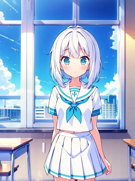 (masterpiece), classroom, 1girl, medium hair, white hair, (aqua eyes:1.2), (white sailor collar:1.2), serafuku, white skirt, pleated skirt