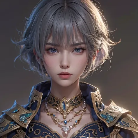 Woman in ancient battle attire、Serious expression、Short-haired、Deadly position, Gorgeous Necklace, scale skin:1.5, Enchanting anime girl, Beautiful and seductive woman, Realistic and perfect body, Perfect body with realistic shadows, Woman with reptilian e...