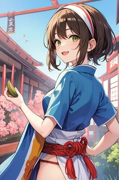 masterpiece、High resolution、Highest quality、1 girl、natsuiro matsuri、Festival Base、Back view、Brown Hair、High ponytail、Round green eyes、short hair、Headband、Bleaching、Loincloth、Blue Japanese traditional haori、Open、smile、front、