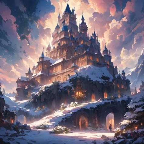 A majestic, ice-covered castle in the midst of a winter wonderland.