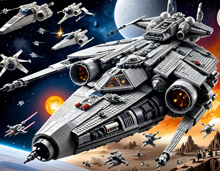 best quality, very good, 16K, ridiculous, Very detailed, Space War，Star Wars，Made of Lego, Background space（（A masterpiece full of fantasy elements）））， （（best quality））， （（Intricate details））（8K）