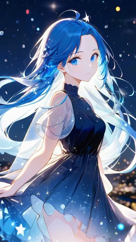 16k, (double exposure:1.05 silhouette: 1.1) (many detailed particles light) (background is exposure:1.1 ParticlesColorfulLight), wearing layered one piece dress, frontale forehead blue hair long hair lovely blue eyes girl,night,star