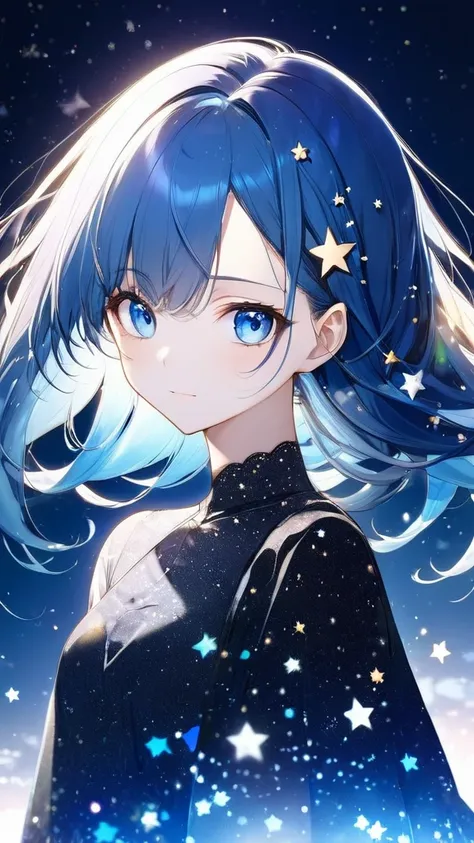 16k, (double exposure:1.05 silhouette: 1.1) (many detailed particles light) (background is exposure:1.1 ParticlesColorfulLight), wearing layered one piece dress, frontale forehead blue hair long hair lovely blue eyes girl,night,star