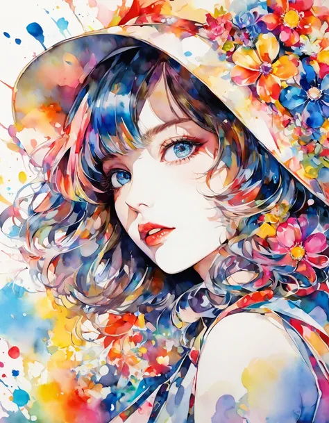 beautiful woman portrait, Sylvia Pelissero watercolors, colorful flowers、beautiful eyes、 abstract art, intense watercolor, watercolor detailed art, watercolor splash, surreal, avant-garde pop art, Beautiful and expressive paintings, Beautiful artwork illus...