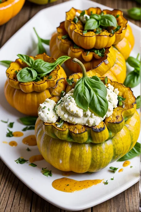 Stuffed Squash Blossoms: Delicate squash blossoms filled with ricotta cheese and herbs, lightly battered and fried, often served with a tomato coulis or basil pesto