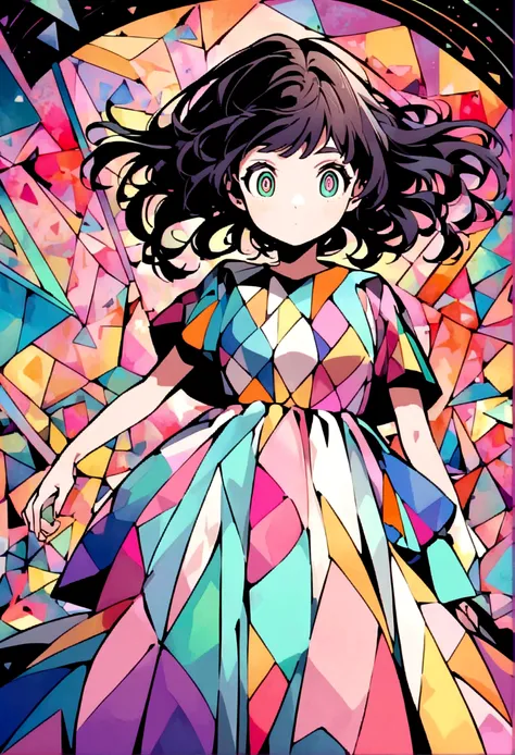 An intricate anime-style illustration of a girl with dark hair and large, expressive eyes. She is wearing a highly detailed, colorful dress with geometric and floral patterns. The background features abstract, pastel-colored shapes and lines, creating a mo...