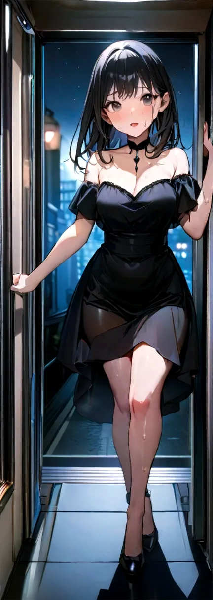 (8k, RAW photo、highest quality、masterpiece:1.2), Masterpiece, best quality, high resolution, very detailed, detailed background, 1 girl, looking at the audience, standing on the elevator, inside the train, posing pose,  off-the-shoulder dress, skirt, trans...