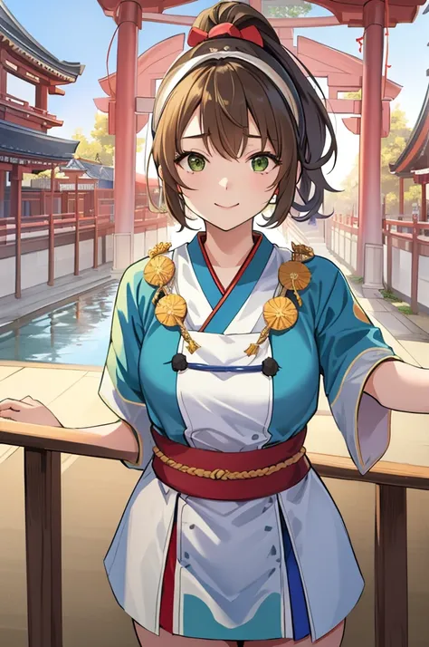 masterpiece、High resolution、Highest quality、1 girl、natsuiro matsuri、Festival Base、Brown Hair、High ponytail、Round green eyes、short hair、Headband、Bleaching、Loincloth、Blue Japanese traditional mikoshi costume、Open、smile、front、