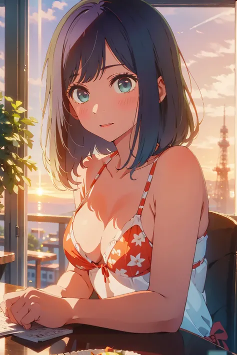 (Highest quality:1.4、masterpiece:1.4、Super detailed:1.4、8K:1.4)、F cup bust、Big Breasts、Slim body、((((1 person、Surprised expression、sit、In the background are the urban buildings of Tokyo、Looking at the camera、Outdoor café terrace、Sunset Beach、Navy hair colo...