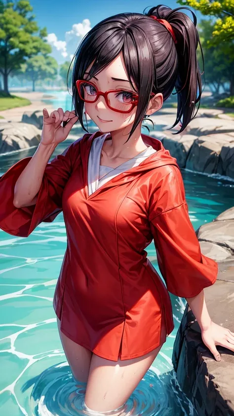 ((Best quality))((realistic))((full body))((face detail))A girl. Sarada Uchiha/(Boruto Characters)/ , Red glasses , towel clothing (1.6) , shy , eyes half close , sedative smile , look at viwer , spring, stream , wet 