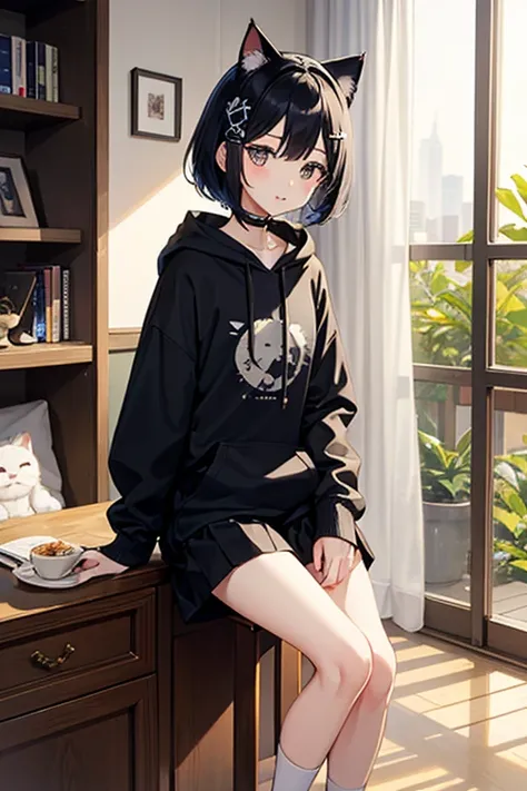 Highest quality、Black Hair、Iris、short hair、girl、cute、16 years old、、Small hair ornament、1 person、Cat ears hoodie、Culottes skirt、Manet the Cat、