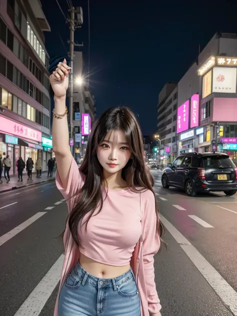 woman in pink top and jeans standing on street corner with mini camera, asian girl with long hair, 24 year old female model, 8k selfie photograph, shot on nikon z9, 8k artgerm bokeh, street pic