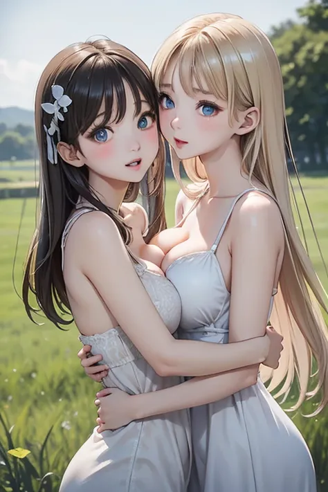 Big Breasts:1.2、、Highest quality、Very detailed、Highly realistic blue eye masterpiece、Highest quality、Very detailed、very beautiful blonde hair、Big soft breasts、Perfect Face、Long Hair、White Dress、Sundress、Yuri、Two Girls、countryside、Kissing and hugging each o...