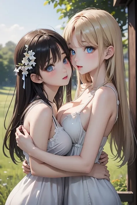 Big Breasts:1.2、、Highest quality、Very detailed、Highly realistic blue eye masterpiece、Highest quality、Very detailed、very beautiful blonde hair、Big soft breasts、Perfect Face、Long Hair、White Dress、Sundress、Yuri、Two Girls、countryside、Kissing and hugging each o...