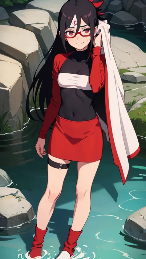 ((Best quality))((realistic))((full body))((face detail))A girl. Sarada Uchiha/(Boruto Characters)/ , Red glasses , towel clothing, shy , eyes half close , sedative smile , look at viwer , spring, stream , wet 