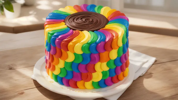 on a wooden table. there is a square white plate. rainbow cream cake. smears of cream in a checkerboard pattern, hole with choco...