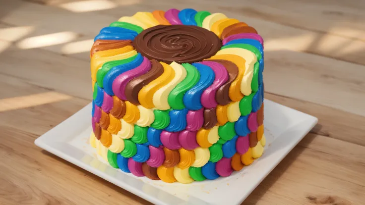 on a wooden table. there is a square white plate. rainbow cream cake. smears of cream in a checkerboard pattern, hole with choco...