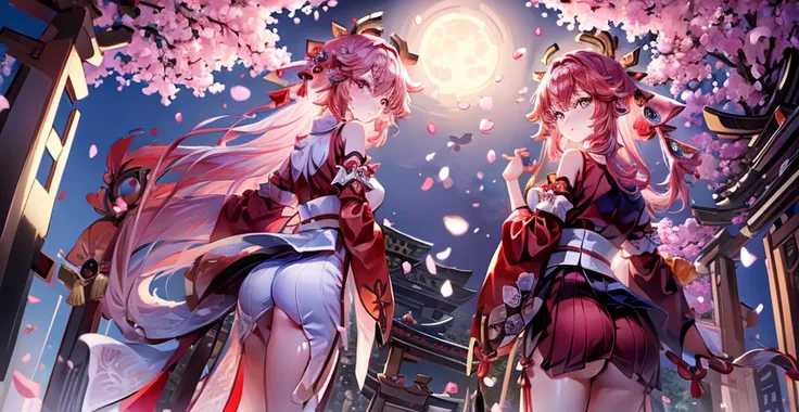 ((masterpiece,best quality)),2girls, black kimono, black legwear, black ribbon, black hair, cherry blossoms, day, flower, hair bun, hair ribbon, japanese clothes, kimono, long hair, looking at viewer, looking back , multiple girls, belts, outdoors, red eye...