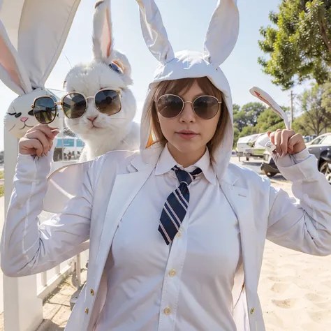 there is a white rabbit wearing sunglasses and a tie, with sunglasses, cute anthropomorphic bunny, electrixbunny, anthropomorphic rabbit, bad bunny, bunny suit, cool sunglasses, in sun glasses, wearing a bunny suit, rabbit, closeup 4k, sun glasses, rabbit_...