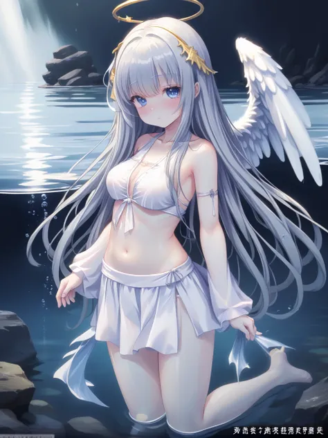  partially underwater, lakeの女神, Long Hair, Wet Hair,
lake,Dark Background, Blurred Edges,8-year-old、Flat Chest、skirt、Above the water line from the neck、Corpses in the water, Underwater Photography、浮力でskirtがめくれる、Angel Halo