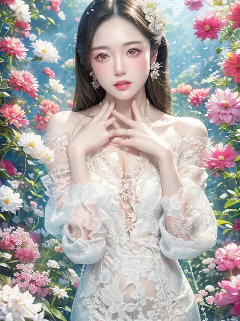 Realistic photos (one cute korean actress) Straight long hair, light makeup, (((Transparent white skin 1.5)))Medium chest,, close, Canon EOS 8K high resolution captures facial features clearly, Sharp details, Realistically、White lace dress、Off the shoulder...