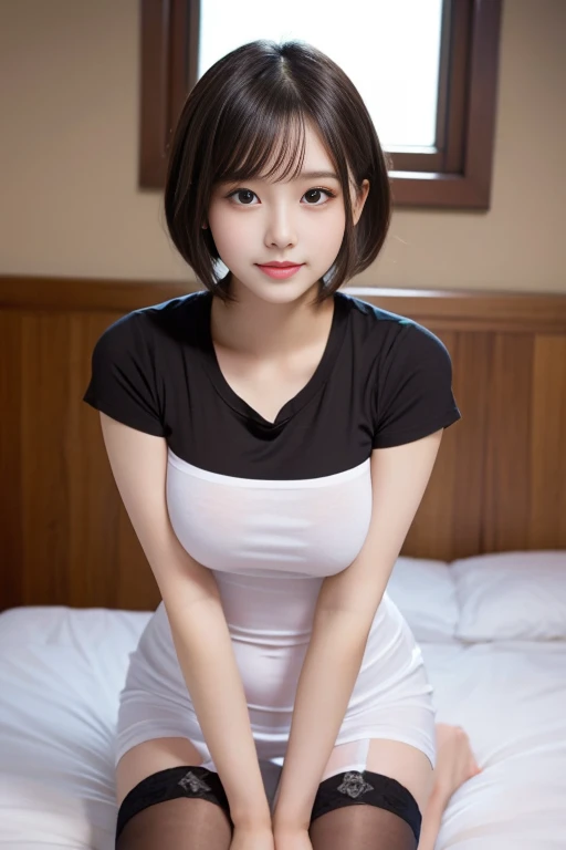 short hair、A very beautiful 14-year-old cute girl、Sexy and very beautiful、Very cute face、Very beautiful、Loose low-cut T-shirt、Knee socks、Lean forward、Sexy pose、Beautiful nipples、Proud look