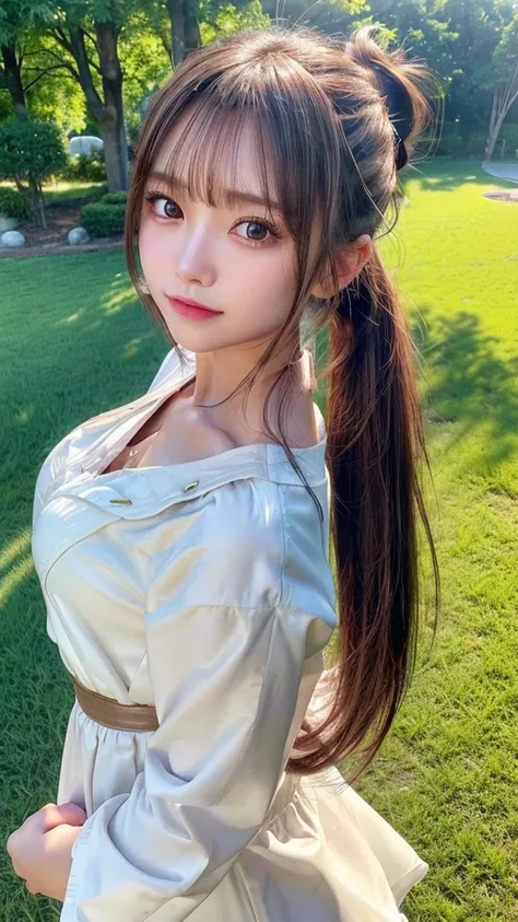 One piece with collar,outdoors,Urban Park,On the lawn,Ultra-detailed, finely detail, hight resolution, 8K Wallpaper, Perfect dynamic composition, Beautiful detailed eyes,Outdoor,Close-up of face,Outdoor,Blushing,Facing forward,,Long hair ponytail,((8k, Raw...