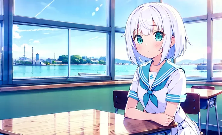 (masterpiece), classroom, 1girl, medium hair, white hair, (aqua eyes:1.2), (white sailor collar:1.2), serafuku, white skirt, pleated skirt