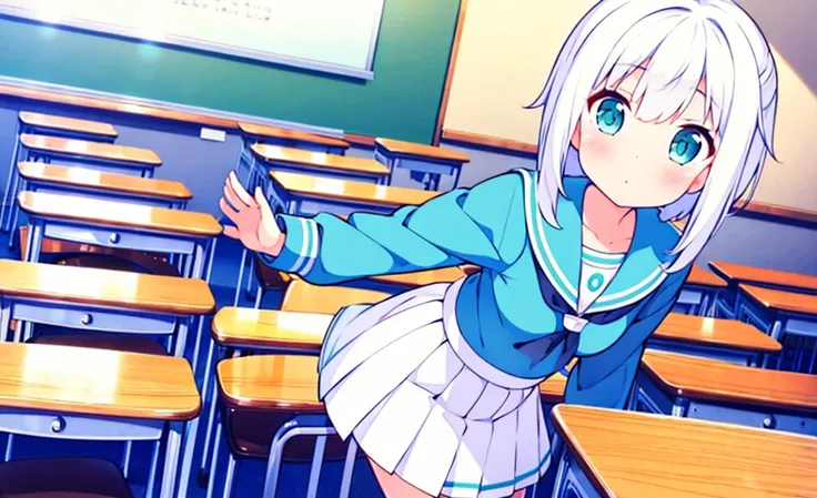 (masterpiece), classroom, 1girl, medium hair, white hair, (aqua eyes:1.2), (white sailor collar:1.2), serafuku, white skirt, pleated skirt