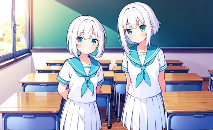 (masterpiece), classroom, 1girl, medium hair, white hair, (aqua eyes:1.2), (white sailor collar:1.2), serafuku, white skirt, pleated skirt