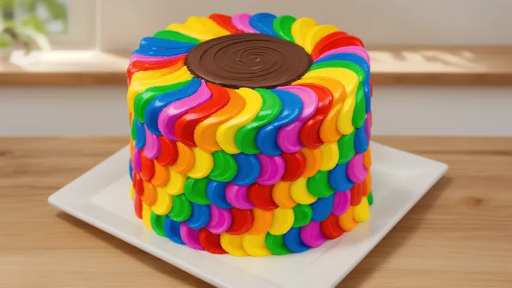 on a wooden table. there is a square white plate. rainbow cream cake. smears of cream in a checkerboard pattern, hole with choco...