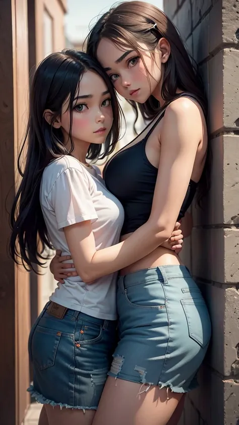 2 girls,  18 years of age,  one pinned against a wall with her arms above her, the othe holding her hands around her waist,  both looking deeply into each other eyes,  seductive looking, 