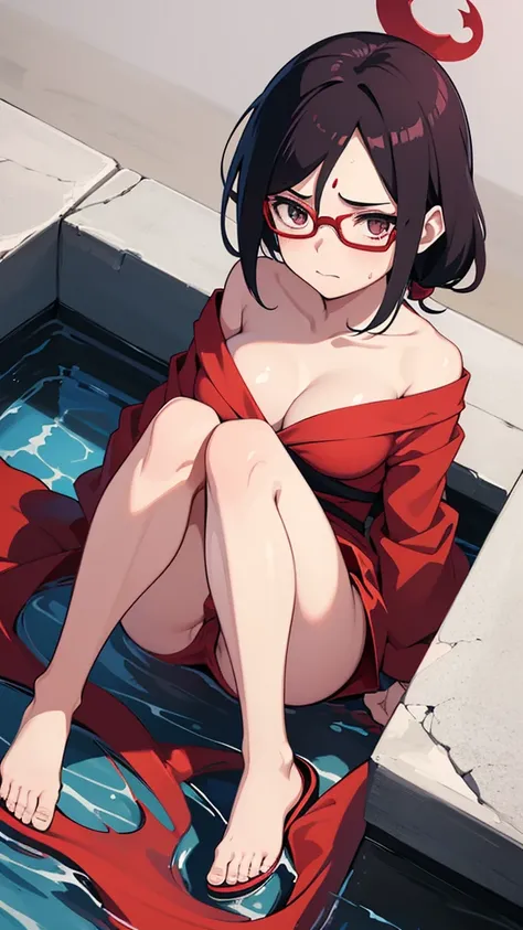 ((Best quality))((realistic))((full body))((face detail))A girl. Sarada Uchiha/(Boruto Characters)/ , Red glasses , towel cloth , shy , eyes half close , look at viwer , spring, stream , wet , horny , show breast , lift top