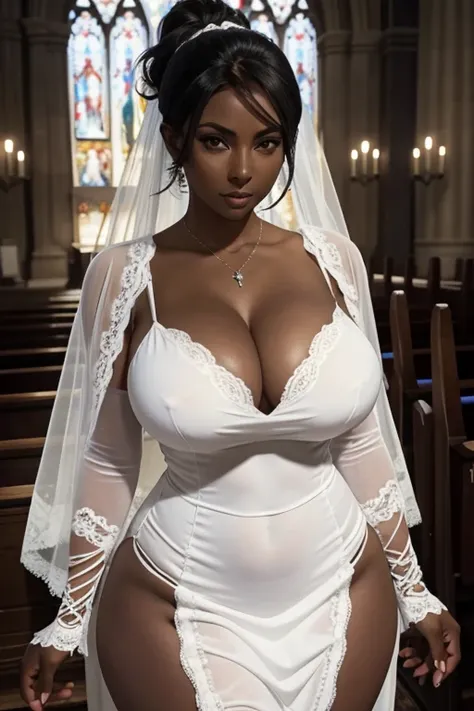 (masterpiece), best quality, expressive eyes, perfect face, front lighting, (inside curch sanctuary background), (standing at altar), (seductive look), (cleavage view), (1girl, Nico Robin, milf, latina, dark skin, short black hair, ponytail bun hairstyle, ...